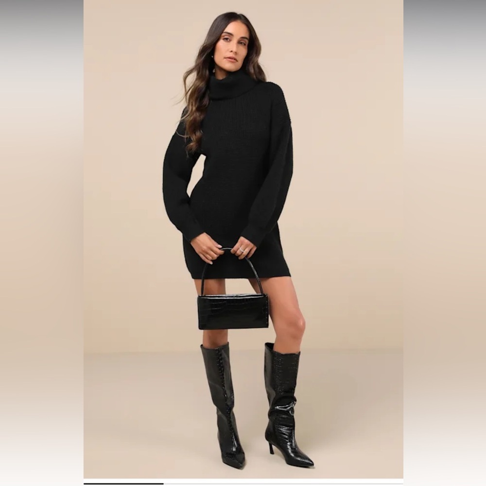 Lulus Casual Coziness‎ Black Waffle Knit Cowl Neck Sweater Dress Mini Small NWT